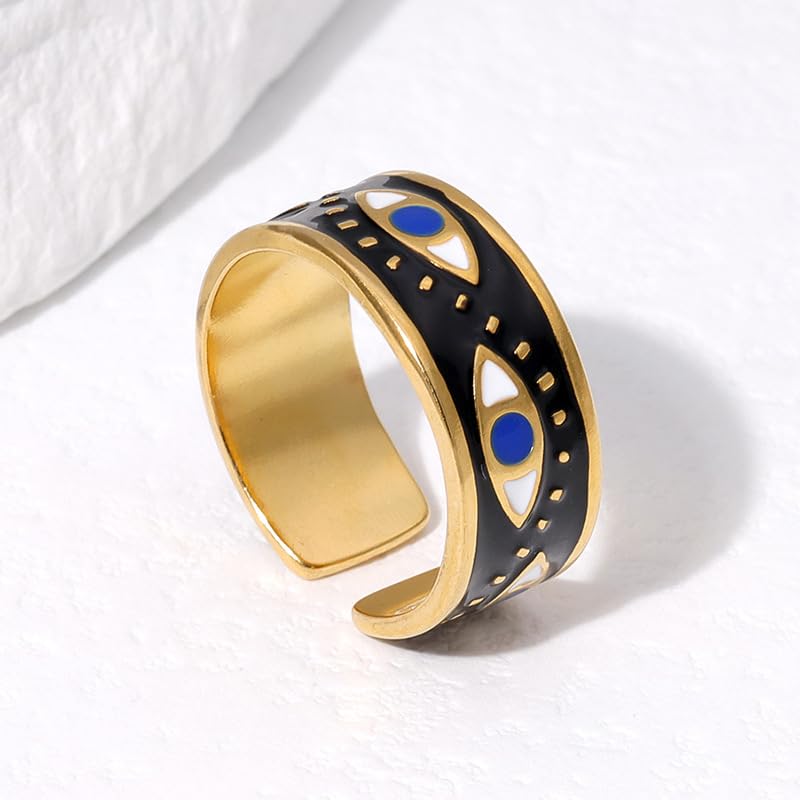 Win&Will Black & Gold Eveil Eye Stainless Steel Adjustable Wide Bold Statement Open Ring for Women