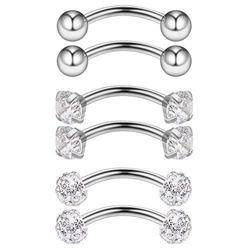3PRS 16G 3/8" (10MM) Stainless Steel 3mm CZ/Gems/Ball Curved Barbell Eyebrow Tragus Lip Belly Ring Piercing Jewelry - Steel - color: Stainless Steel