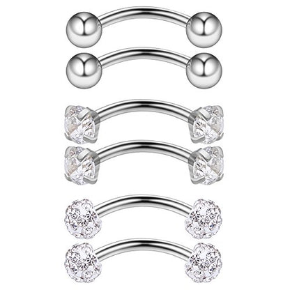 3PRS 16G 3/8" (10MM) Stainless Steel 3mm CZ/Gems/Ball Curved Barbell Eyebrow Tragus Lip Belly Ring Piercing Jewelry - Steel - color: Stainless Steel