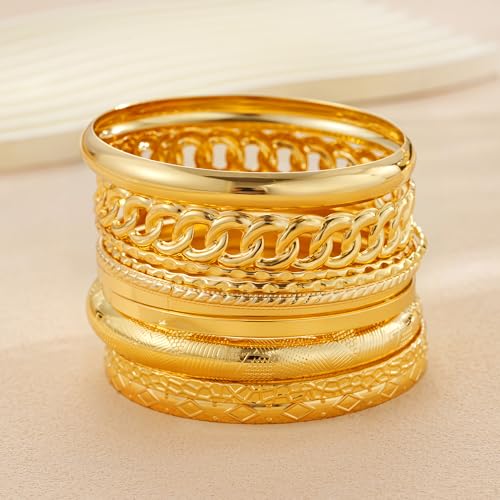 ÌF ME Gold Bangle Bracelets for Women, Indian Bangles Stackable Set, Multi Layer Textured 18K Gold Plated Chunky Bracelets Boho Jewelrys Set - style: E-6 PCS adjustable bangles