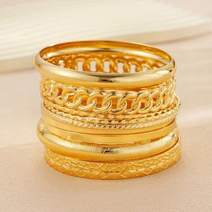 ÌF ME Gold Bangle Bracelets for Women, Indian Bangles Stackable Set, Multi Layer Textured 18K Gold Plated Chunky Bracelets Boho Jewelrys Set - style: E-6 PCS adjustable bangles