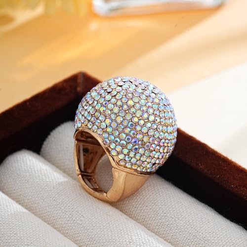 Gold Snowball Rhinestone Cocktail Ring – Adjustable Stretch Sparkling Party Jewelry for Women, Elegant Costume Ring for Evening Wear, Wedding, Prom - color: White AB