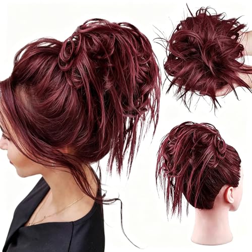 HMD Tousled Updo Messy Bun Hair Piece for Women Curly Hair Bun | Synthetic Messy Hair Bun Scrunchies Tousled Updos Ponytail Hairpieces for Daily Wear - color: Dark Wine