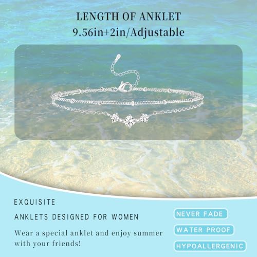 Sterling Silver Ankle for Bracelets Women 14K Gold Waterproof Layered Stackable Chain Sparkling Zircon Adjustable Non Tarnish Anklet Bracelet for Summer Beach Jewelry Gift - color: SilverA