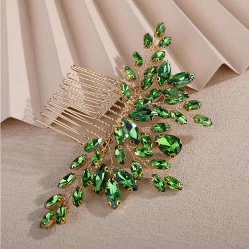 Teyglen Bridal Crystal Hair Comb Full Green Rhinestone Wedding Hair Comb Teardrop Hair Piece for Bride Wedding Hair Accessories for Women Bridal Headpiece (Green) - color: Green