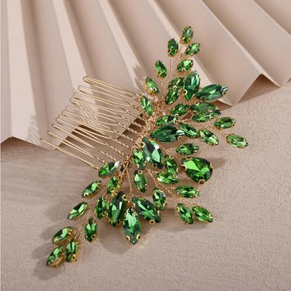Teyglen Bridal Crystal Hair Comb Full Green Rhinestone Wedding Hair Comb Teardrop Hair Piece for Bride Wedding Hair Accessories for Women Bridal Headpiece (Green) - color: Green