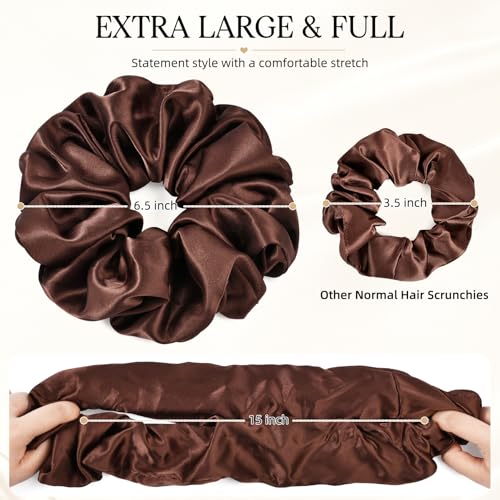 2 PCS Brown Jumbo Satin Silky Scrunchies 6.5 Inches Oversized Scrunchie Extra Large Big Hair Ties Ponytail Holder for Thick Curly Hair Women (Brown, Pink Taupe) - color: Brown, Pink Taupe
