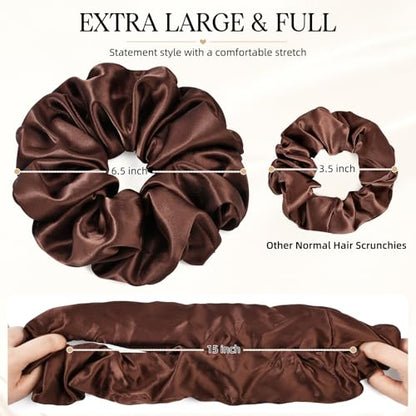 2 PCS Brown Jumbo Satin Silky Scrunchies 6.5 Inches Oversized Scrunchie Extra Large Big Hair Ties Ponytail Holder for Thick Curly Hair Women (Brown, Pink Taupe) - color: Brown, Pink Taupe