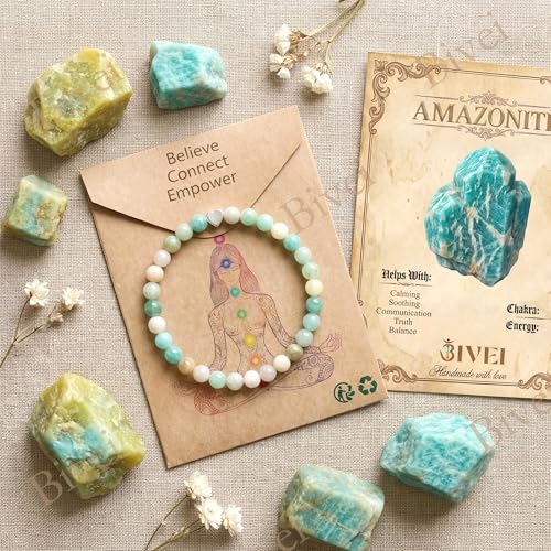 Bivei Crystal Stretch 6mm Bracelets for Women | Handmade Natural Stone Beaded Stretch Bracelet, Stainless Steel Heart Bead, Tranquility Yoga Gift Jewelry for Women - color: Amazonite - Abundance