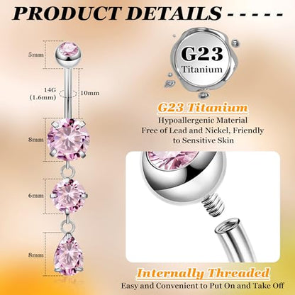 14G G23 Titanium Dangle Belly Button Ring for Women Dangling Navel Rings Hypoallergenic Teardrop Shiny CZ Belly Ring Internally Threaded Navel Piercing Jewelry - color: Pink