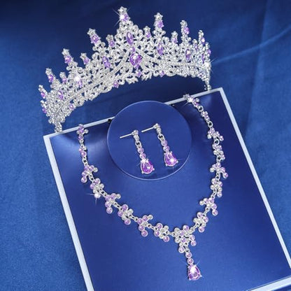 Crystal Crown and Tiara Jewelry Set for Women Bride with Necklace Earrings | Metal Rhinestone Royal Queen Princess Jewelry Set Wedding Quinceanera Pageant Prom Birthday Halloween Party Costume Gift - color: Style E-Purple