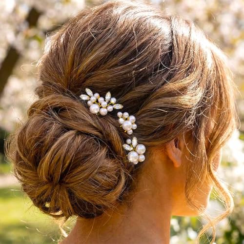 Heread Pearl Bride Wedding Hair Pins Crystal Bridal Headpiece Hair Accessories for Women and Girls （Pack of 3） (Gold) - color: Gold