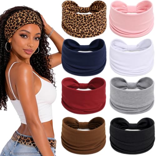 Awumbuk Wide Headbands for Women Knotted Non Slip, 8 Pack Soft Head Bands to Hide Hairline, Fashion Boho Style Bandana, Moisture Wicking Hair Bands for Workout Sports Yoga Makeup - color: Leopard print pink