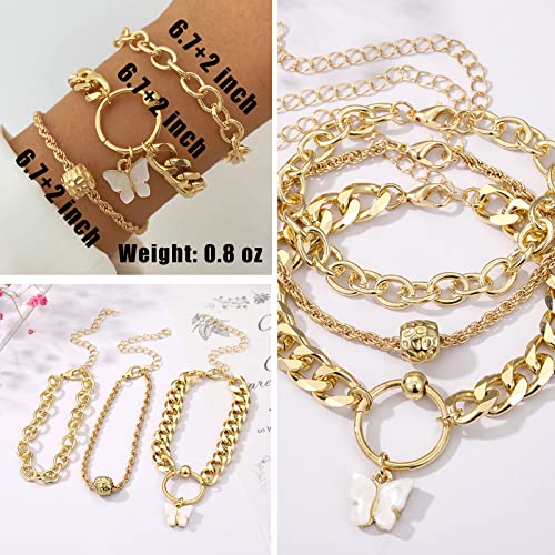 IFKM 6 PACK (24 PCS) Boho Gold Chain Bracelets Set for Women, 14K Gold Plated Multiple Layered Stackable Open Cuff Wrap Bangle Adjustable Link Italian Cuban Jewelry for Women Gift - style: 22PCS GOLD BRACELET