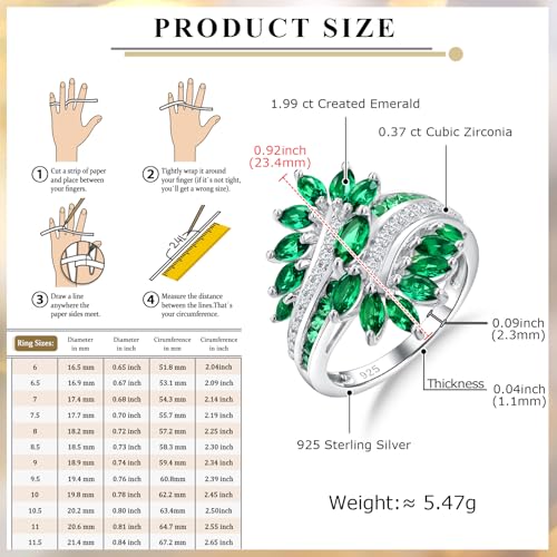 Statement Flower Ring Cocktail Leaf Ring Birthstone Anniversary Signet Ring | Hypoallergenic|14K Gold Plated|Sterling Silver Sparkling Engagement Promise Party Ring for Women, Size 6 to 10(With Box) - color: Leaf -White Gold Emerald