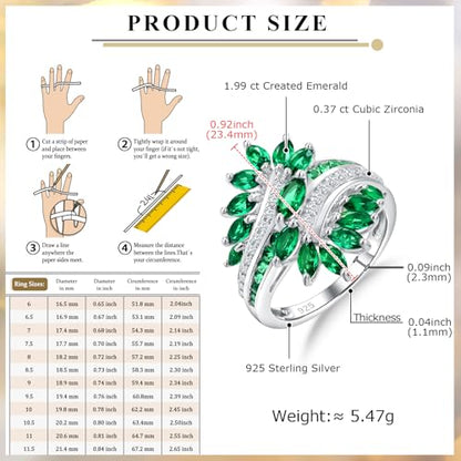 Statement Flower Ring Cocktail Leaf Ring Birthstone Anniversary Signet Ring | Hypoallergenic|14K Gold Plated|Sterling Silver Sparkling Engagement Promise Party Ring for Women, Size 6 to 10(With Box) - color: Leaf -White Gold Emerald