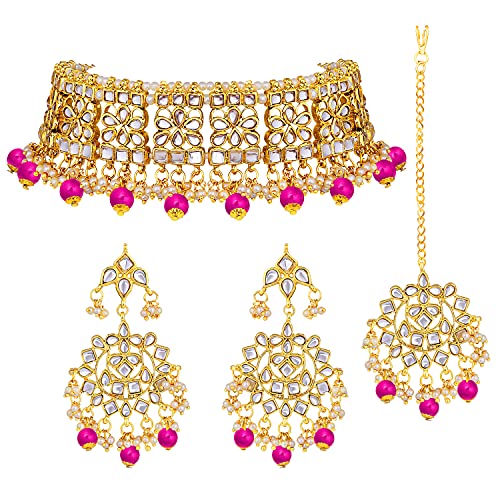 Aheli Elegant Indian Faux Kundan Studded Choker Necklace with Maang Tikka Set Ethnic Wedding Wear Bharatanatyam jewellery set Gift for Women - color: Rani Pink