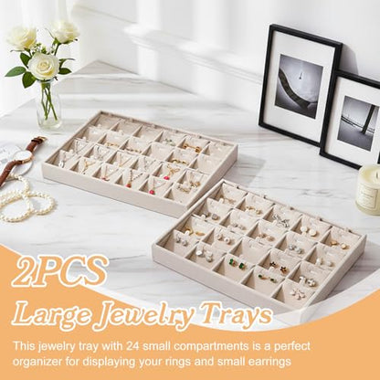 2 Pcs 24 Grids Stackable Jewelry Tray Organizer with Removable Dividers, Velvet Jewelry Display Tray for Earrings Necklaces Bracelet Rings Display Showcase - Beige