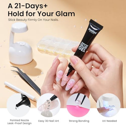 Beetles 3D Nail Charms Gold Silver Nail Beads and White Pearl with 15g | Rhinestone Glue Tweezers Pick-up Pencil for Nails Art Metallic Round Caviar Beads White Flatback Pearls Manicure Accessories - color: 3D Nail Charms-Pearls