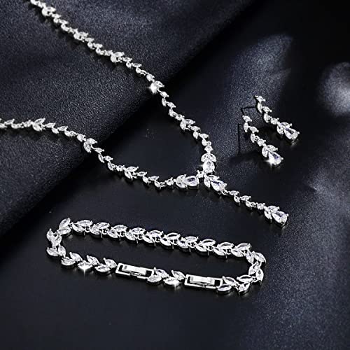 Bridal Wedding Jewelry CZ Set Marquise Teardrop Cubic Zirconia Pendant Necklace and Dangle Earring Bracelet Sets for Women - color: White Gold - 03