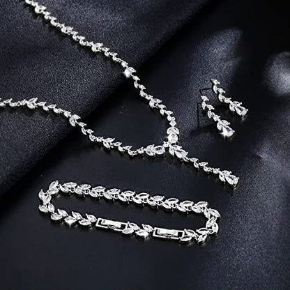 Bridal Wedding Jewelry CZ Set Marquise Teardrop Cubic Zirconia Pendant Necklace and Dangle Earring Bracelet Sets for Women - color: White Gold - 03