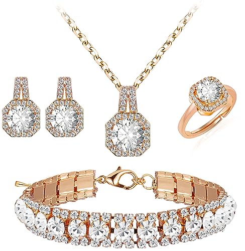 Paxuan 4pcs Cubic Zirconia Wedding Jewelry Sets for Bride Bridesmaid Cubic Zirconia Pendant Necklace Earrings Link Tennis Bracelet Open Ring Set for Women - color: Rose Gold Plated White Cubic Zirconia