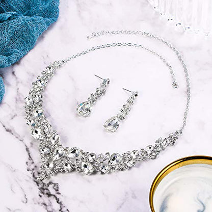 Women's Wedding Statement Necklace Dangle Earring Jewelry | Austrian Crystal Teardrop Cluster,Necklaces Earrings Set for Bride Bridesmaid,Prom Accessories - color: 01-Clear Silver-Tone