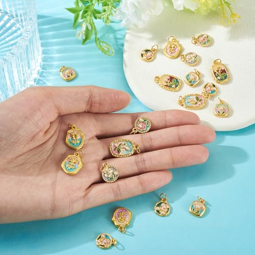 20Pcs Alloy Enamel Flower Golden Charms Flat Round Oval Floral with Acrylic Pearl Bead Charms 3D French Style Oil Painting Pendants for Bracelet Necklace Earring DIY Crafts - color: Golden Plated, 10 Styles