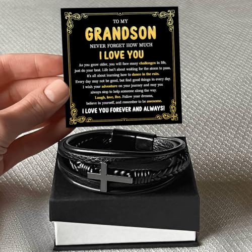 To My GrandSon Bracelet – Cross Braided Leather Bracelet, Meaningful GrandSon Gift from Grandpa & Grandma with Heartfelt Message Card & Elegant Gift Box for Birthday, Christmas, Graduation - color: Version#3
