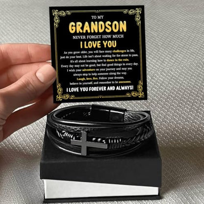 To My GrandSon Bracelet – Cross Braided Leather Bracelet, Meaningful GrandSon Gift from Grandpa & Grandma with Heartfelt Message Card & Elegant Gift Box for Birthday, Christmas, Graduation - color: Version#3