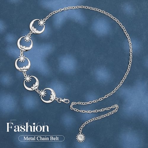 Chain Belt for Women Fashion Metal Waist Chain Belt for Dress Jeans - size: Fit Waist Up to 35'', style: Silver-moon