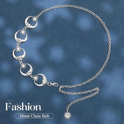 Chain Belt for Women Fashion Metal Waist Chain Belt for Dress Jeans - size: Fit Waist Up to 35'', style: Silver-moon