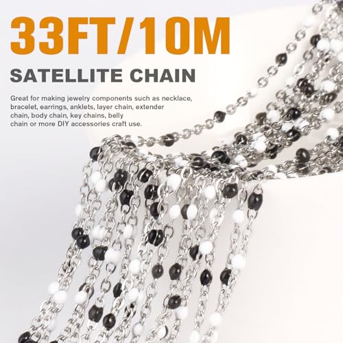 33FT 2mm Stainless Steel Black White Enamel Chains Bulk for Jewelry Making | 304 Stainless Steel Enamel Beaded Cable Chains Roll Spool for Necklace Bracelet Craft - color: Stainless Steel White Black Beads