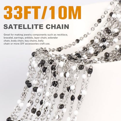 33FT 2mm Stainless Steel Black White Enamel Chains Bulk for Jewelry Making | 304 Stainless Steel Enamel Beaded Cable Chains Roll Spool for Necklace Bracelet Craft - color: Stainless Steel White Black Beads