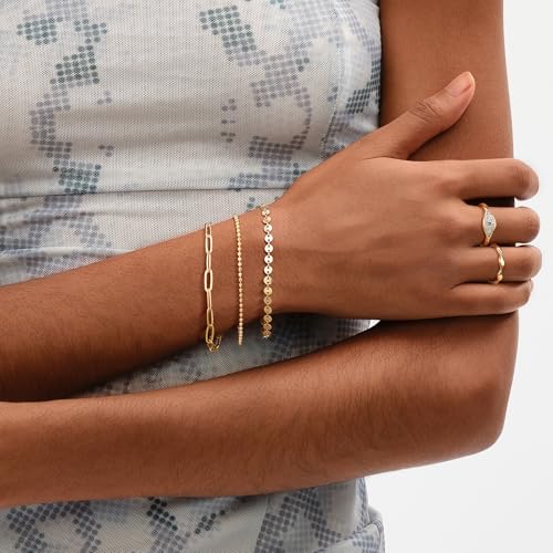 MEVECCO Dainty Chain Bracelets for Women, Layered and Charm Styles | 14K Gold Plated Brass, Select Cubic Zirconia Accents, Single and Multi-Row Structures for Refined Everyday Wristwear - style: Coin Chain
