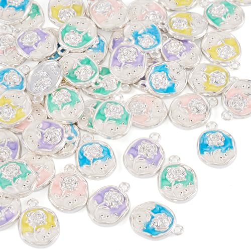 50Pcs Alloy Enamel Rose Flower Charms Platinum Plated Rose Charms for Jewelry Making, 16.5x12mm Drop Oil Floral Pendant for DIY Necklace Earring Bracelet Craft Supplies - color: Platinum, Oval Flower