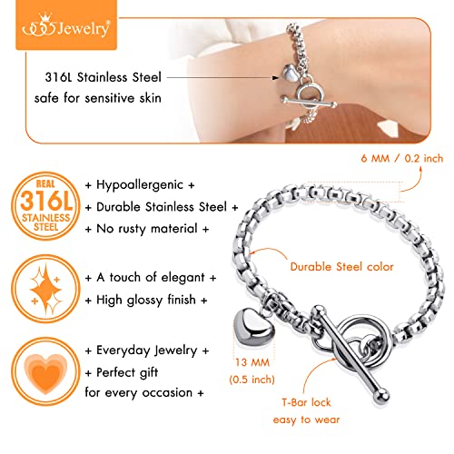 555Jewelry Stainless Steel Toggle Box Link Chain Heart Charm Bracelet for Women & Girls - color: Silver