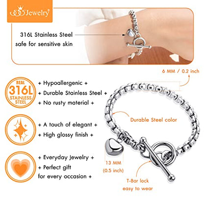 555Jewelry Stainless Steel Toggle Box Link Chain Heart Charm Bracelet for Women & Girls - color: Silver