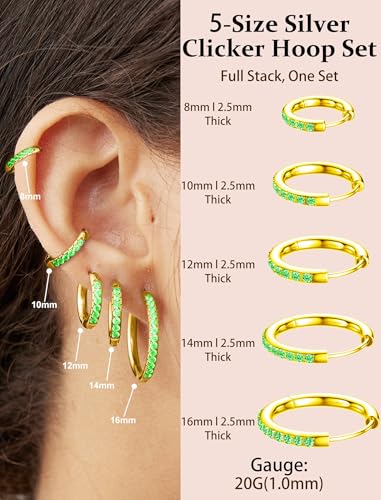 5 Pairs Huggie Hoop Earrings, Cubic Zirconia 14K Gold-Plated 316L Surgical Steel, Hypoallergenic Lightweight Design for Women & Men Cartilage & Multi-Piercing Stacking(13-21mm) - color: J+gold+green