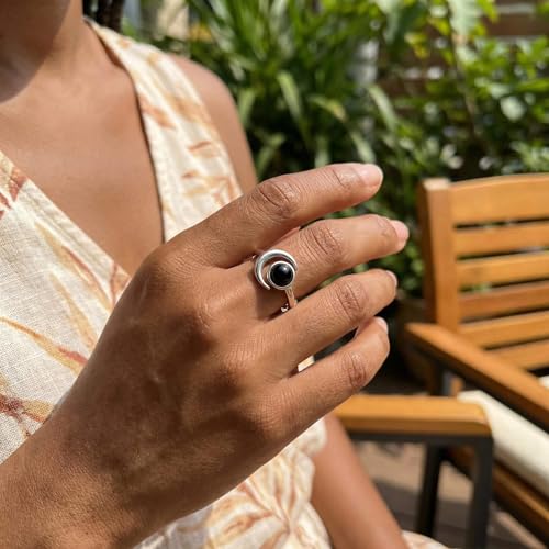 Sun and Moon Ring, Adjustable Natural Stone Rings for Women & Men, Boho Celestial Jewelry for Daily Wear - color: Black Onyx