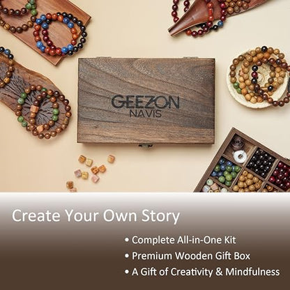 Geezon Navis DIY Bracelet Making Kit Natural Wooden Stone Beads Gift Craft | 10mm 296pcs 16 Colors - Natural & Unique, ALL-IN-ONE , One-of-a-kind, Starter, Gift, Immersive Handcraft, Calming, Meditate