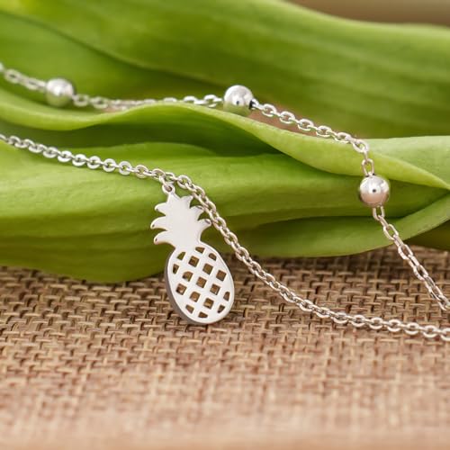 CHIC & ARTSY 925 Sterling Silver Ankle Bracelets for Women, Adjustable Layered Foot Chains with Nature & Symbol Charms, Lightweight Comfort Fit Boho Beach Everyday Jewelry - color: Pineapple/silver