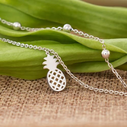 CHIC & ARTSY 925 Sterling Silver Ankle Bracelets for Women, Adjustable Layered Foot Chains with Nature & Symbol Charms, Lightweight Comfort Fit Boho Beach Everyday Jewelry - color: Pineapple/silver
