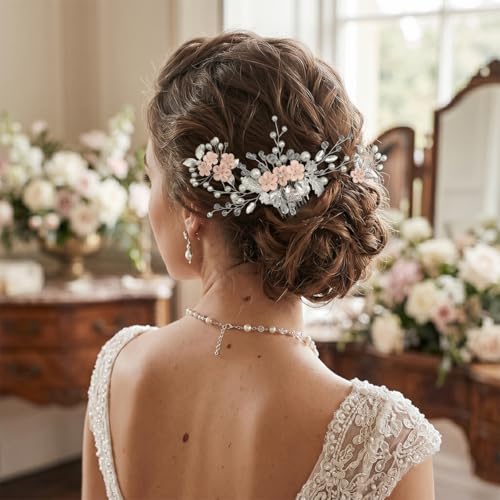 6 Pcs Bridal Flower Wedding Hair Pins Crystal Pearl Hair Clips Headpiece Wedding Hair Accessories Jewelry with Rhinestone for Brides Bridesmaids Women Girls Updo(Pink) - color: Pink6Pcs