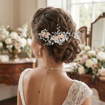 6 Pcs Bridal Flower Wedding Hair Pins Crystal Pearl Hair Clips Headpiece Wedding Hair Accessories Jewelry with Rhinestone for Brides Bridesmaids Women Girls Updo(Pink) - color: Pink6Pcs