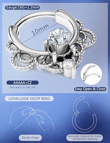 8PCS 16G Septum Clicker Ring Stainless Steel CZ Opal Cartilage Helix Tragus Hoop Daith Earrings Nose Rings Hoop Hinged Segment Clicker Ring Piercing Jewelry - color: silver tone 10mm