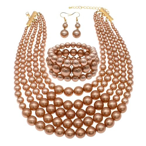 Faux Big Pearl Srand Necklaces for Women 5 Layers Pearls Choker Bib Collar Necklace Bracelet and Earrings set 1920s Costume Pearl Jewelry Bridal Wedding - color: champagne