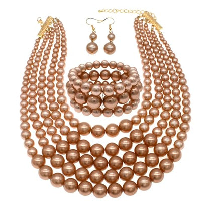 Faux Big Pearl Srand Necklaces for Women 5 Layers Pearls Choker Bib Collar Necklace Bracelet and Earrings set 1920s Costume Pearl Jewelry Bridal Wedding - color: champagne