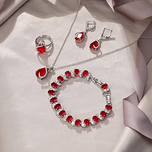 EVER FAITH Wedding Jewelry Set for Bride Bridesmaid, Glamour Teardrop Cubic Zirconia Pendant Necklace Earrings Tennis Bracelet Open Ring Sets for Birthday/Valentine's Day/Mother's Day/Christmas - color: A_Red Silver-Plated-Brass