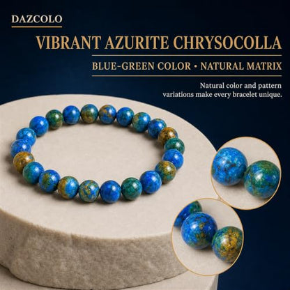 8mm Natural Crystal Stretch Bracelet | Handmade Round Stone Bead Bracelet, Runs Large, Meditation Yoga Gift for Women & Men - color: Azurite